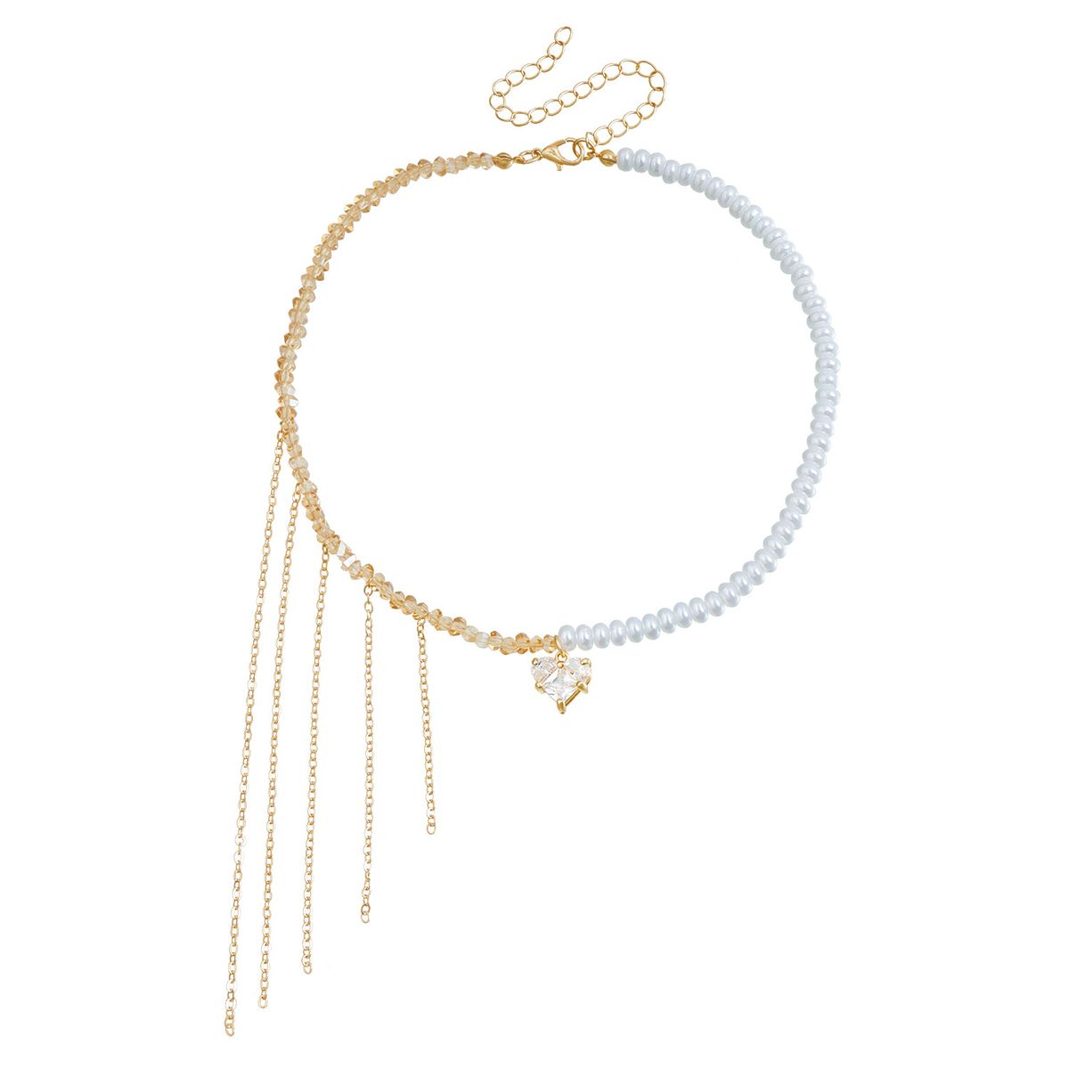 Delicate Texture Love Zircon Pendant Fringed Crystal Pearl Splicing Collarbone Chain I Necklace_ipsvogv.com