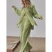 Women's Clothing long sleeved temperament commuter skin color linen solid color slit long shirt and wide leg pants set_ipsvogv.com