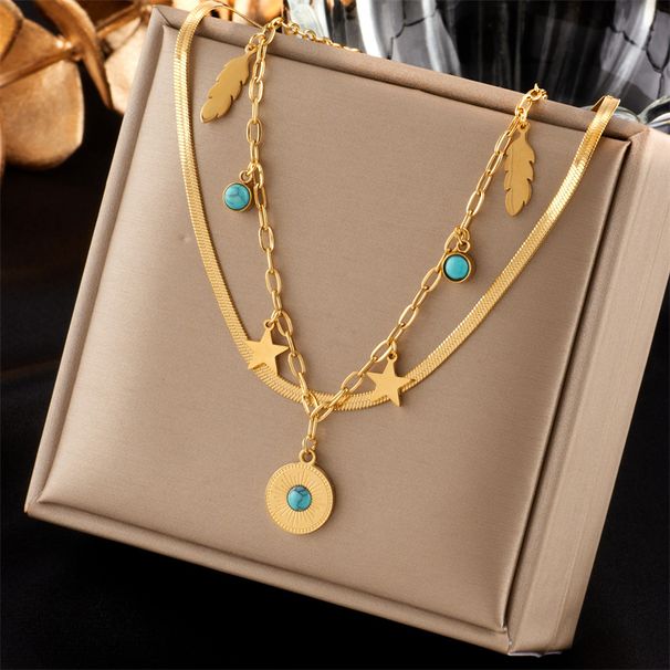 European and American cross-border retro stacking double-layer titanium steel chain blue turquoise round star feather pendant necklace_ipsvogv.com