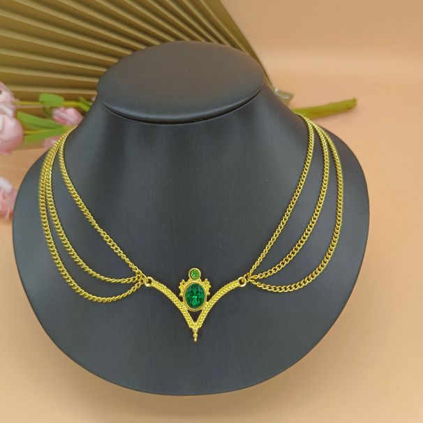 Fashionable Bridal Headdress Gold Chain Personalized Ethnic Style Green Pendant Tassel Headdress Head Chain_ipsvogv.com