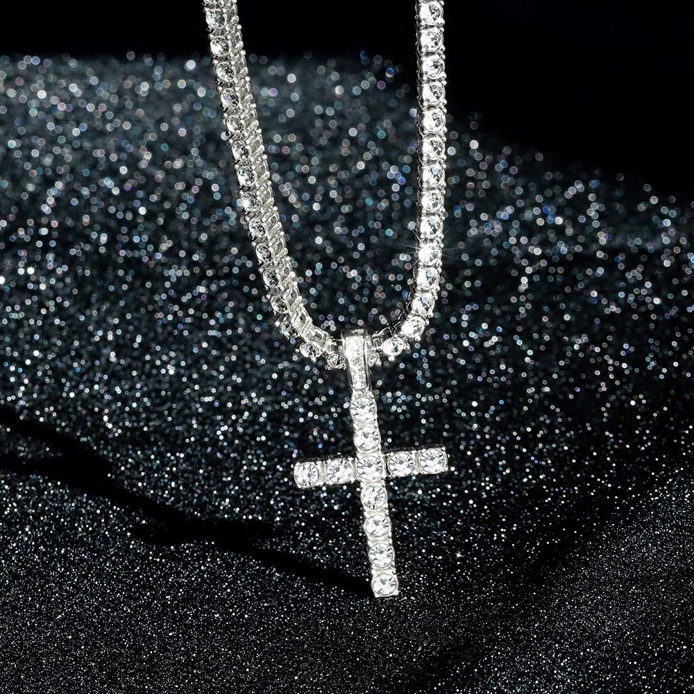 Ins Wind Net Ball Chain Cross Shaped Necklace Full Diamond Personalized Fashion Accessories Hip Hop Trendy Essential_ipsvogv.com
