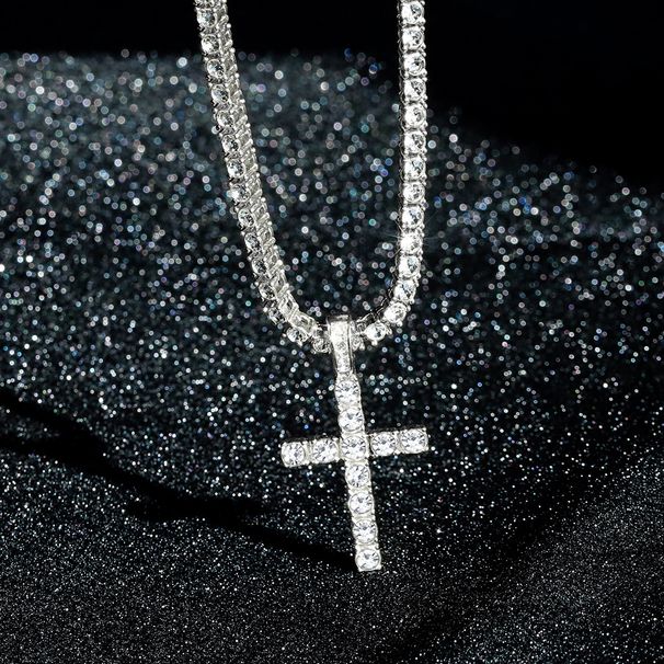 Ins Wind Net Ball Chain Cross Shaped Necklace Full Diamond Personalized Fashion Accessories Hip Hop Trendy Essential_ipsvogv.com
