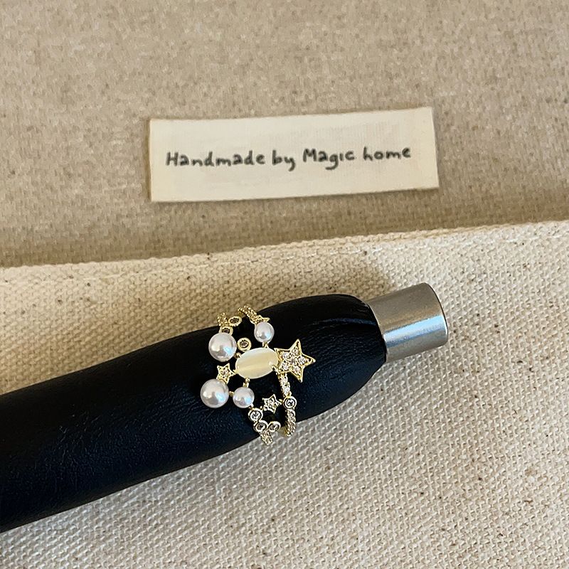 Light Luxury Pearl Cat Eye Stone Star Double Layered Open For Women, Niche Fashion, Versatile, High-end Feeling, Ring,_ipsvogv.com