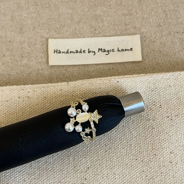Light Luxury Pearl Cat Eye Stone Star Double Layered Open For Women, Niche Fashion, Versatile, High-end Feeling, Ring,_ipsvogv.com