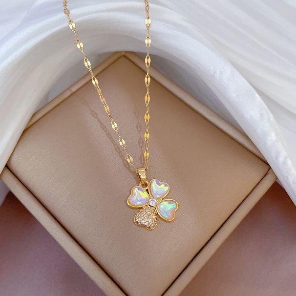 Titanium Steel 【 】 Aurora Four Leaf Flower Charm Micro Inlaid Diamond Necklace Women's Exquisite Style Ins Internet Red 【 】_ipsvogv.com