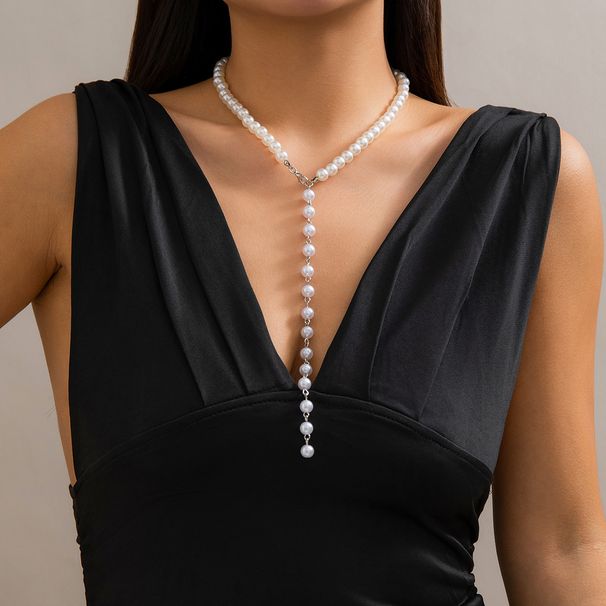 jewelry French retro Y shaped beaded necklace Temperament long pearl tassel necklace for women_ipsvogv.com