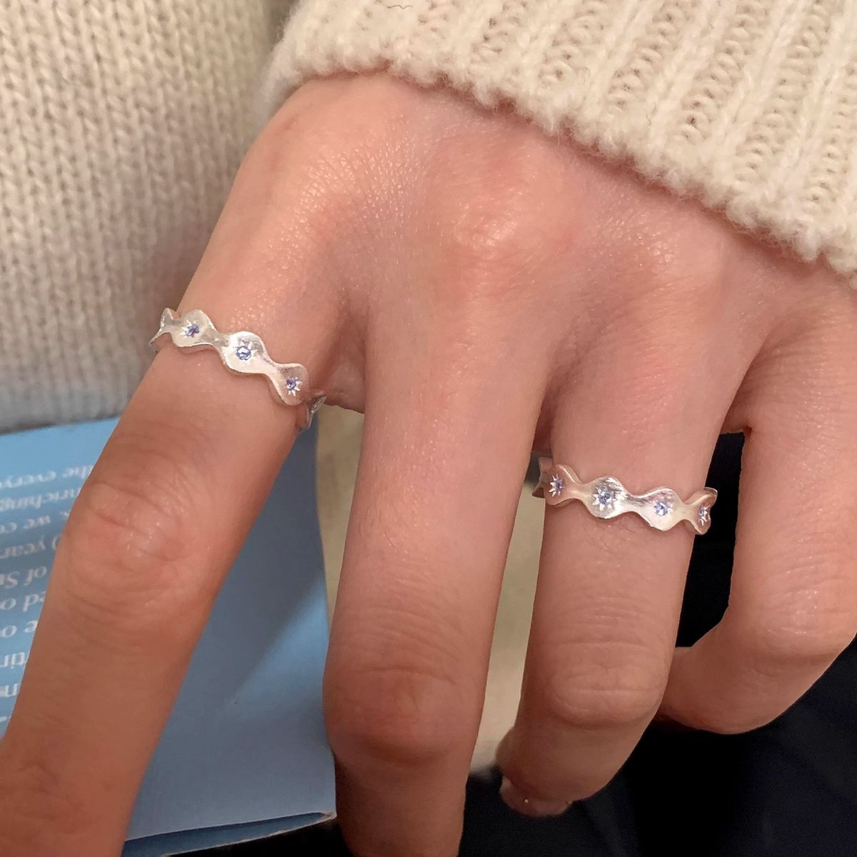 Ins Niche Design Blue Diamond Starry Wave Pure Silver Brushed With Light Luxury And High-end Feel Index Finger Ring For_ipsvogv.com