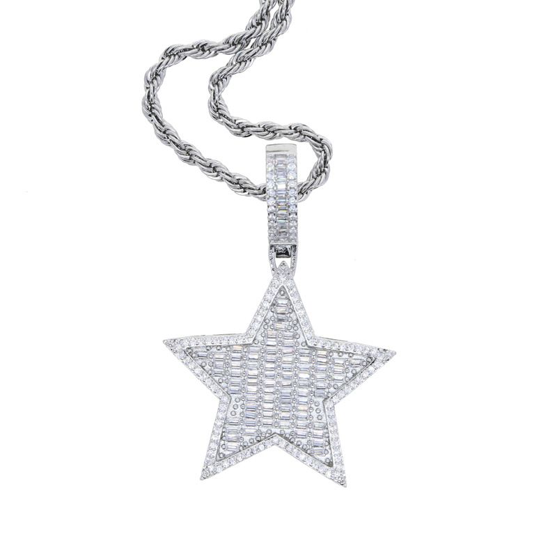 Men's Jewelry Hip Hop New Five Pointed Star Pendant Copper Inlaid Zircon Full Diamond Pendant Necklace Fashion Trend_ipsvogv.com