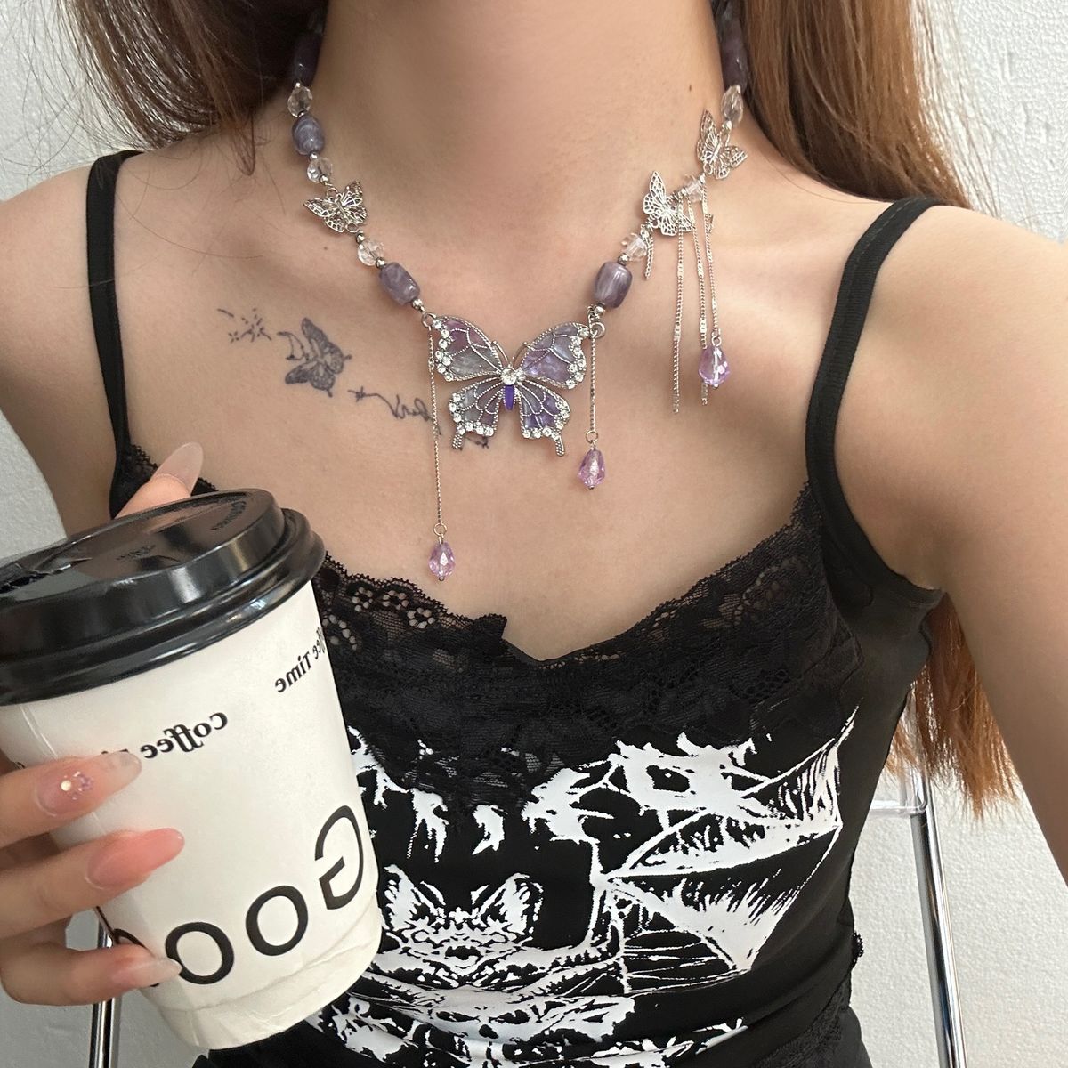 Heavy Industry Butterfly Tassel Necklace Purple Crystal Beaded Necklace Retro Hot Girl Personality All Match Clavicle Chain Jewelry_ipsvogv.com