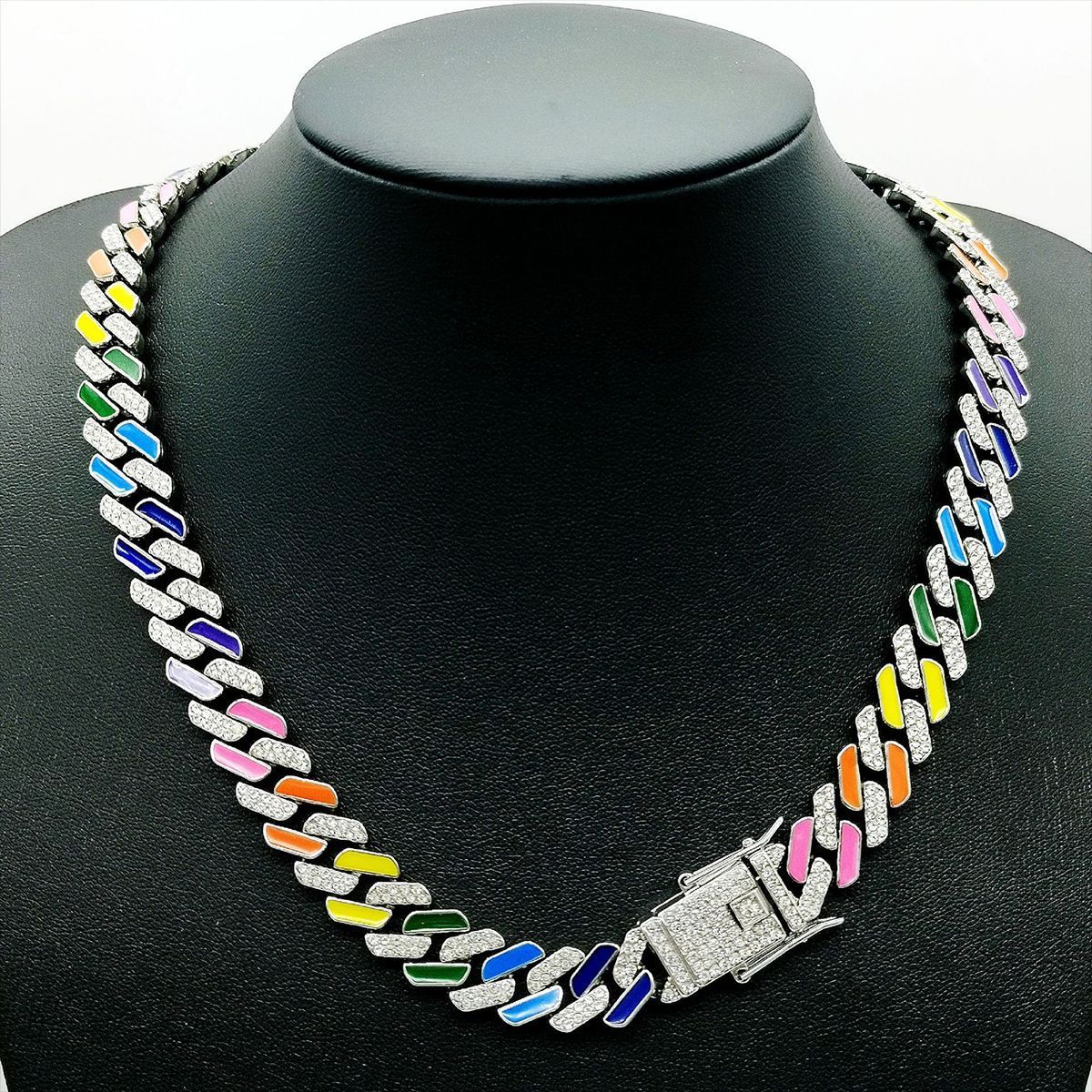 12mm Cuban Chain Diamond-Shaped Oil-Drip Colorful Alloy Rhinestone Hip-Hop Necklace_ipsvogv.com