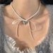 Summer Metal Heart Pendant Bowknot Ribbon Pearl Necklace For Women Niche Sweet Cool Temperament Clavicle Chain_ipsvogv.com