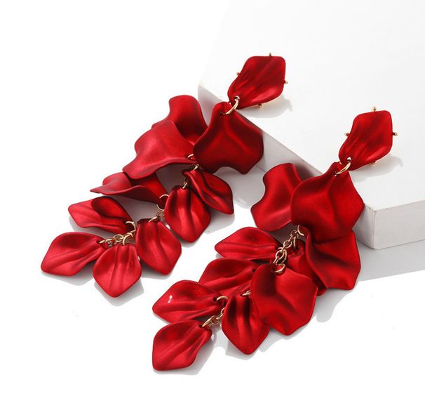 Fashion Exaggerated Rose Petal Leaf Long Earrings Red Petal Earrings_ipsvogv.com