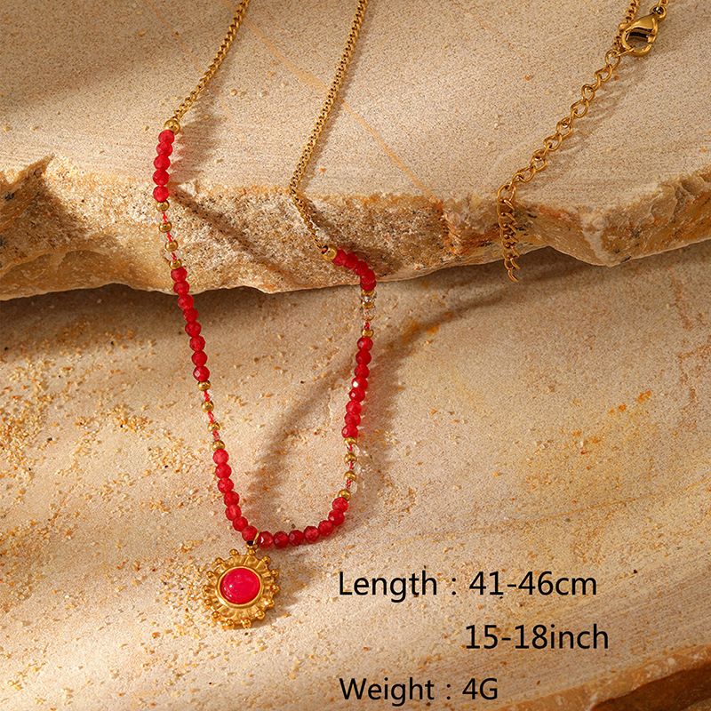 Bohemian Red Stone Beaded Necklace - Gold Plated Clavicle Chain Jewelry For Women & Girls_ipsvogv.com