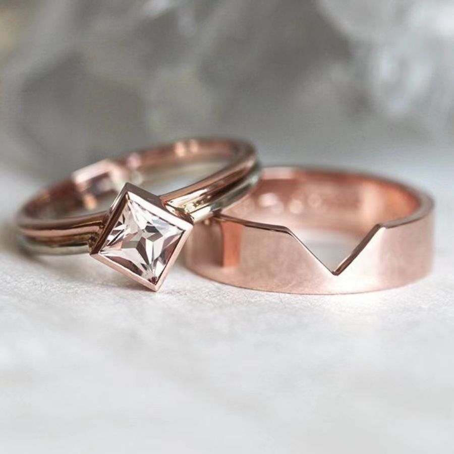 Rose Gold Set Ring Instagram Internet Celebrity Fashion Jewelry Square Diamond Women's Handmade_ipsvogv.com