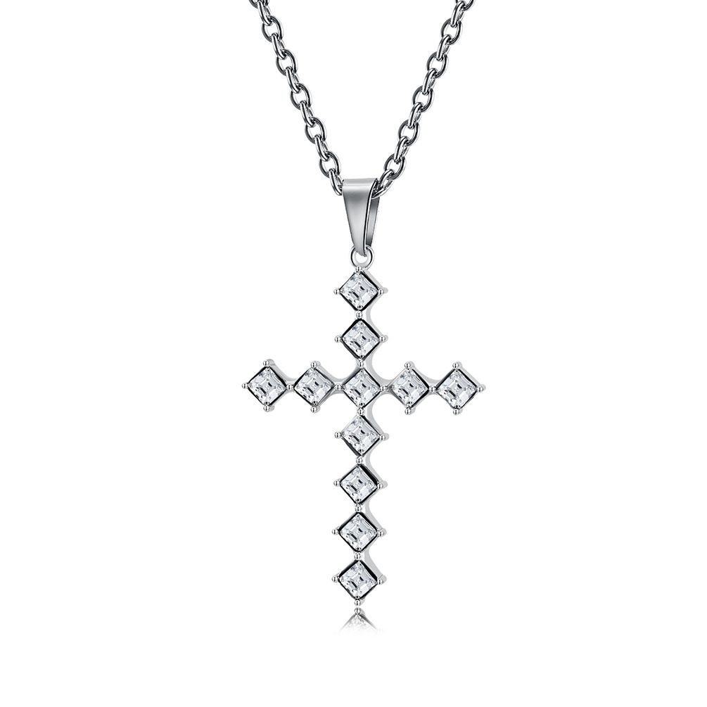 Neutral genderless light luxury style diamond studded titanium steel cross necklace for men and women with personalized diamond square diamond cross_ipsvogv.com