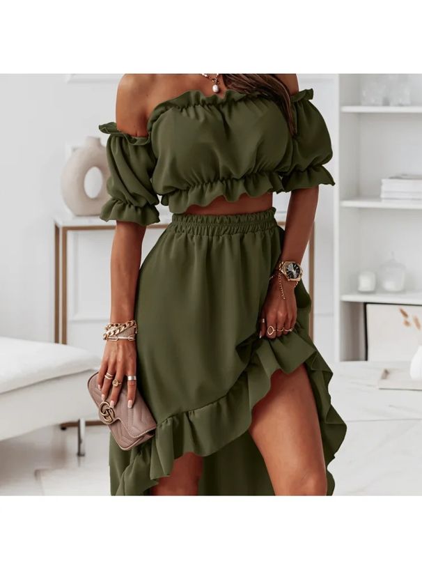 Women's Clothing new one-shoulder ruffle skirt suit casual irregular short-sleeved two-piece suit_ipsvogv.com