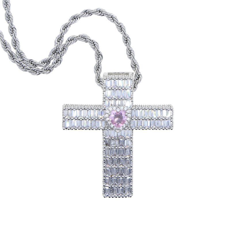 Men's Fashion Cross Pendant Necklace With Love Heart & Zircon, 61cm Silver Chain, Trendy Hip Hop Jewelry Cross Love Zircon Pendant Fashion Necklace_ipsvogv.com