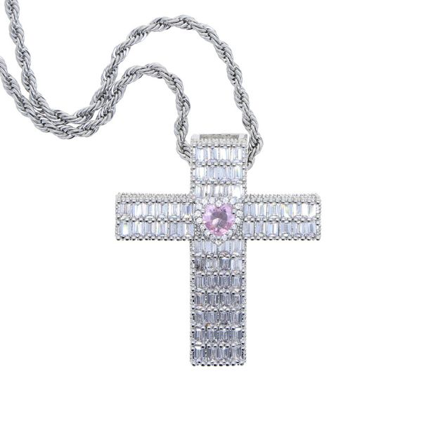 Men's Fashion Cross Pendant Necklace With Love Heart & Zircon, 61cm Silver Chain, Trendy Hip Hop Jewelry Cross Love Zircon Pendant Fashion Necklace_ipsvogv.com