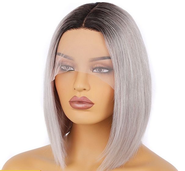 Short Bob 1b/light Grey Middle Part Short Bob 13x4x1 Lace Wig 100% Human Hair Wig_ipsvogv.com