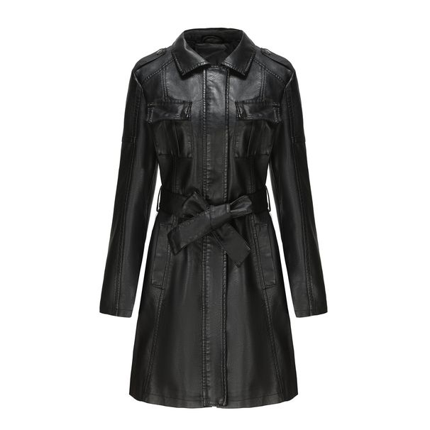 mid-length leather jacket with belt long-sleeved leather windbreaker fashionable British jacket for women 6652_ipsvogv.com