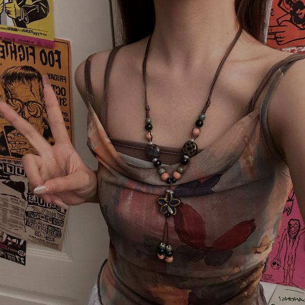 New Chinese Retro Ceramic Flower Beaded Necklace Ladies Ethnic Style Long Tassel Sweater Chain High End Accessories_ipsvogv.com