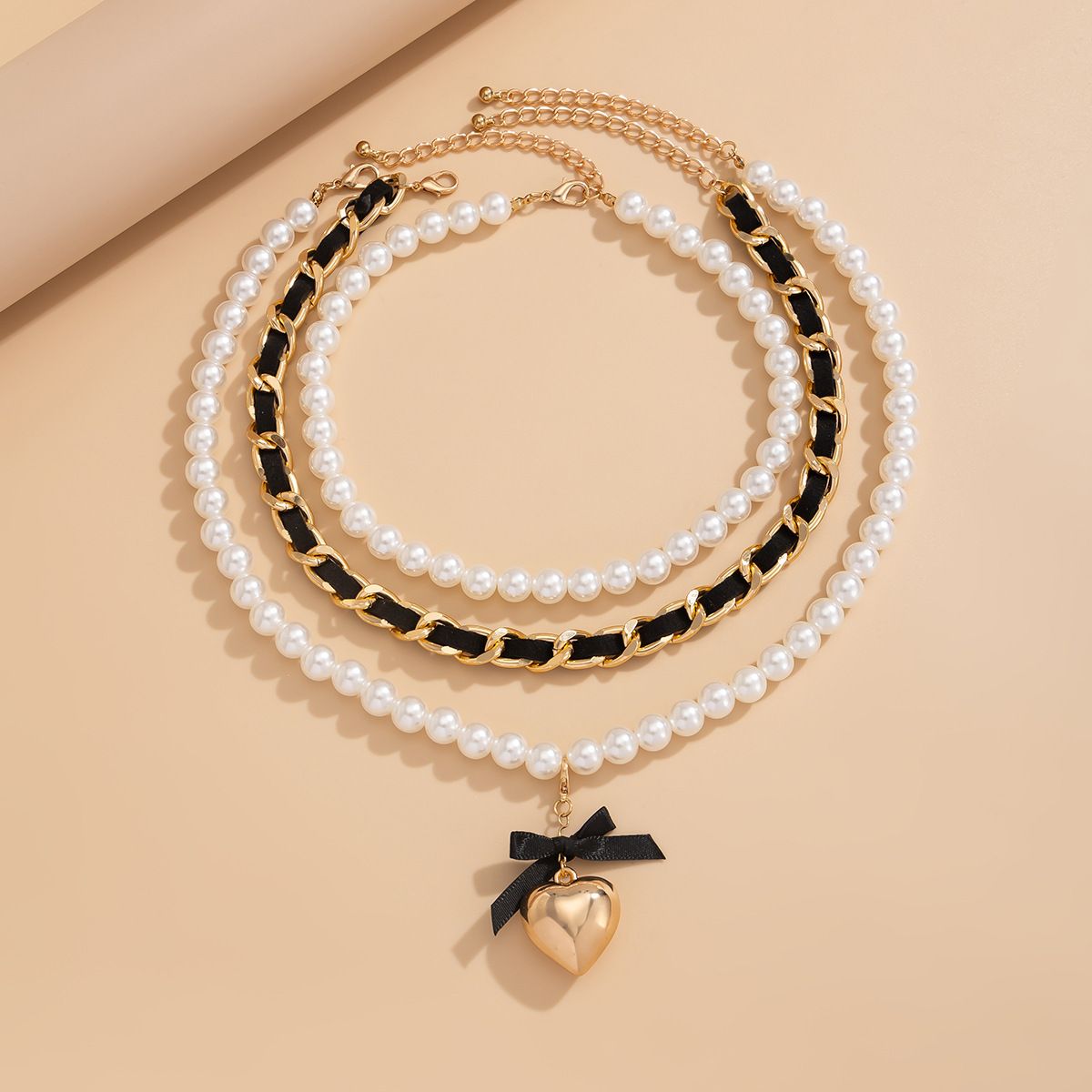 Accessories Fashion Pearl Ribbon Beaded High-end Heart Pendant Necklace Set_ipsvogv.com