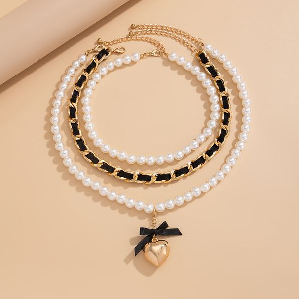 Accessories Fashion Pearl Ribbon Beaded High-end Heart Pendant Necklace Set_ipsvogv.com