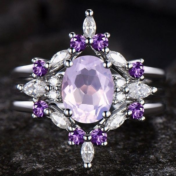 women's Three Piece Ring Set With Amethyst Zircon Inlay, Wedding And Engagement Accessories_ipsvogv.com