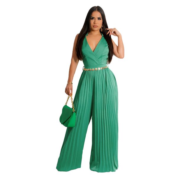 Women's Clothing sleeveless temperament casual V neck waist pleated loose wide leg jumpsuit_ipsvogv.com