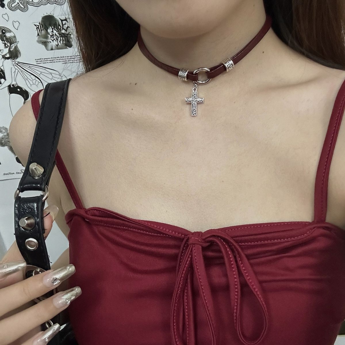 Women’s Jewelry Set Fashion Hot Girl Style Wine Red Leather Necklace Female Retro Niche Choker Punk Clavicle Chain Sweet Cool Necklace_ipsvogv.com