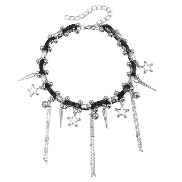 Heavy Metal Punk Goth Pentagram Fringed Leather Rope Collarbone Chain Sweet Cool Babes Necklace_ipsvogv.com