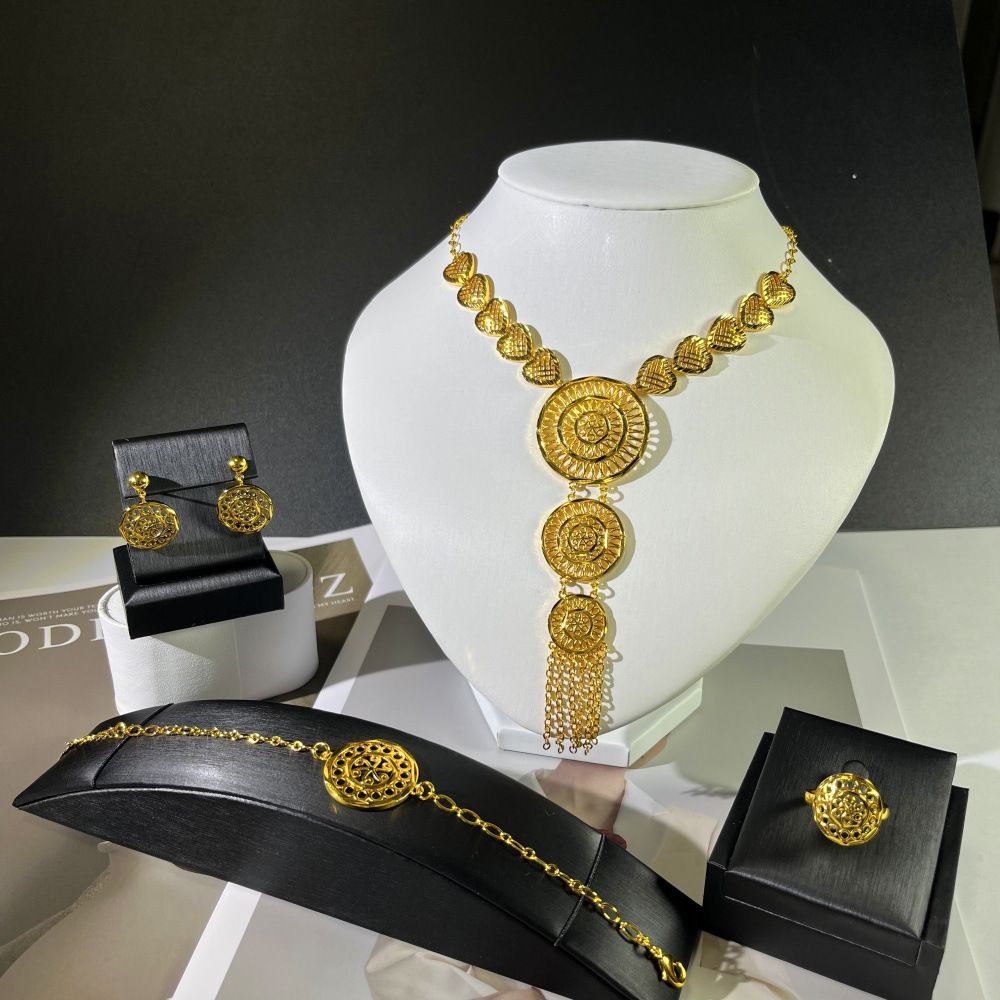 Dubai Gold Plated Earrings Bracelet Ring Jewelry Set Bridal Necklace_ipsvogv.com