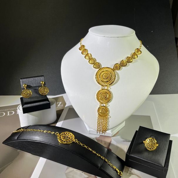 Dubai Gold Plated Earrings Bracelet Ring Jewelry Set Bridal Necklace_ipsvogv.com