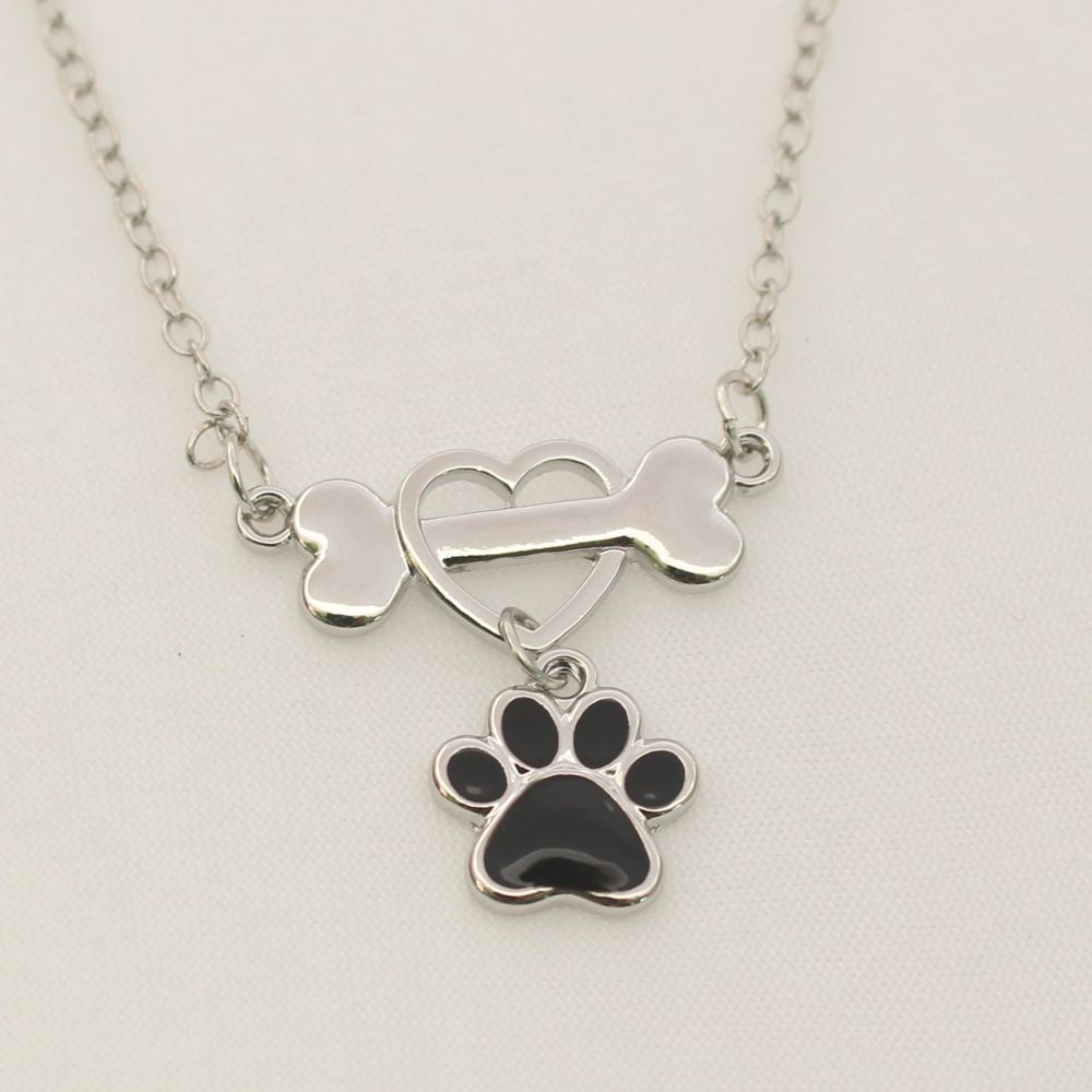 Love Necklace For Women, Fashionable Drop Glue Bone, Cute Dog Paw, Black Silver Jewelry Pendant_ipsvogv.com