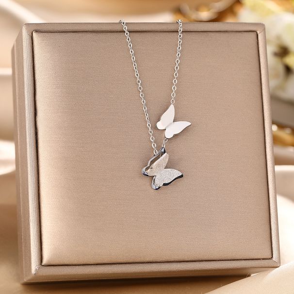 Korean Fashion Double-layer Butterfly Titanium Steel Necklace With Sweet Temperament, Simple Collarbone Chain, Short_ipsvogv.com