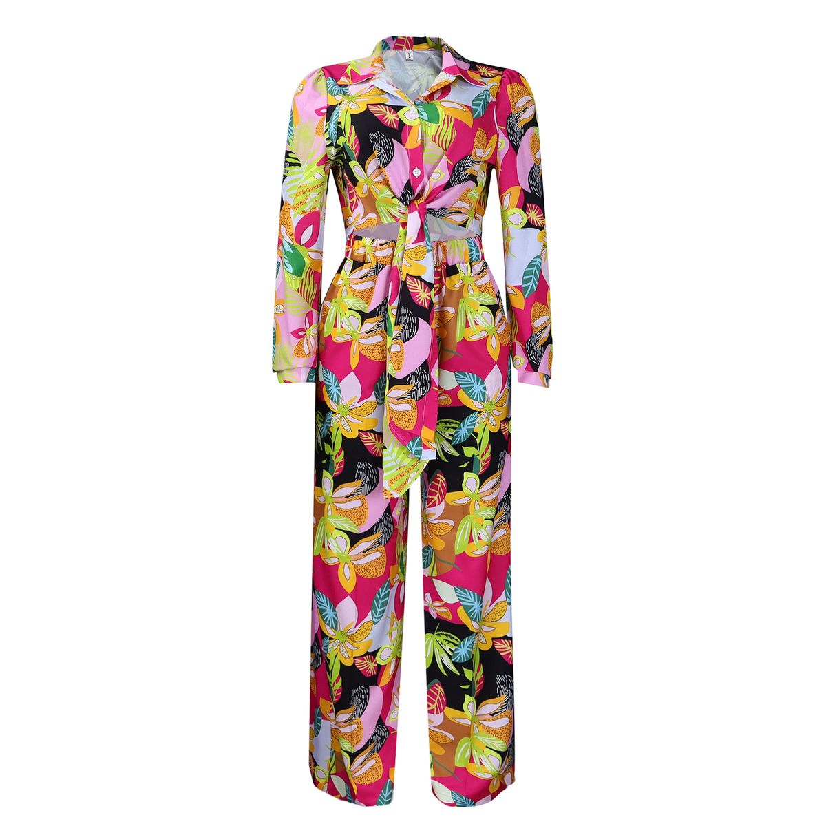 Women's Fashion Print Two-piece Suit Lapel Tie Shirt Wide Leg Pants Suit_ipsvogv.com