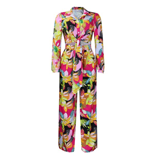 Women's Fashion Print Two-piece Suit Lapel Tie Shirt Wide Leg Pants Suit_ipsvogv.com