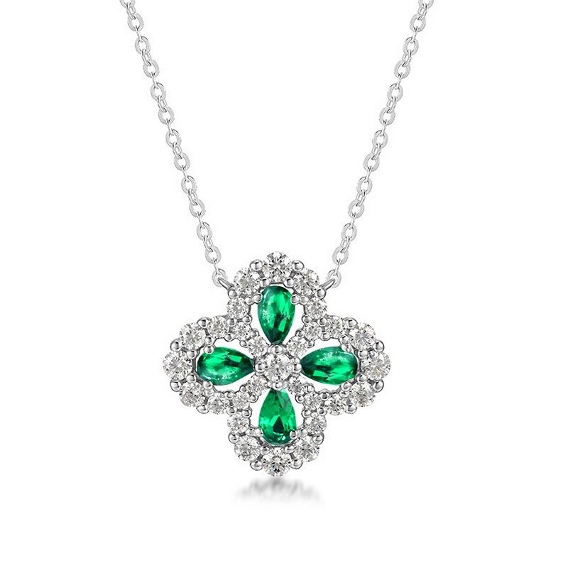 S925 silver cultivated emerald necklace four leaf clover retro literary style clavicle chain_ipsvogv.com