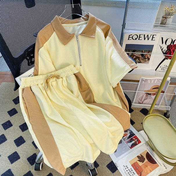 Men's Clothing Waffle sports suit summer men's clothing color matching lapel short sleeved T shirt set with handsome casual shorts_ipsvogv.com
