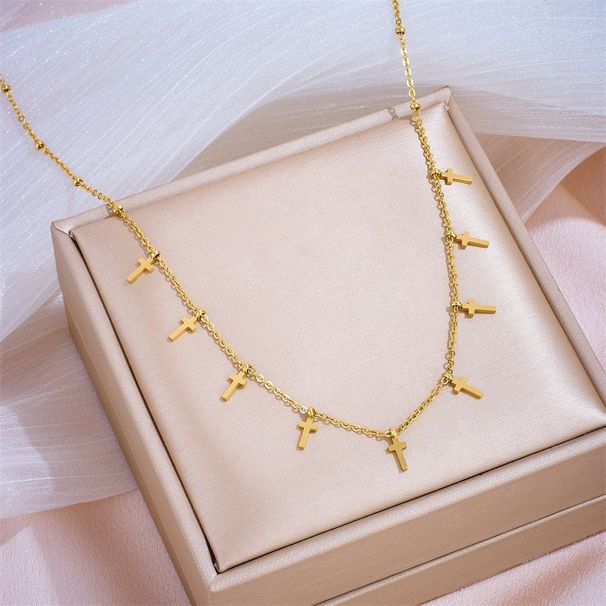 Tredy Ew Multiple Cross Pedat Ecklace With Femiie Temperamet, Titaium Steel Gold Side Clip Bead Collarboe_ipsvogv.com