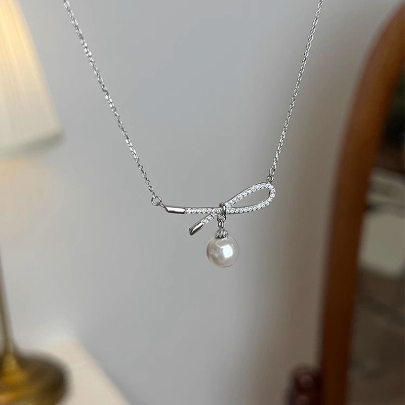 Tiqi Ballet Girl Ribbo Bowkot Shijia Imitatio Pearl Necklace For Wome S Pure Silver Light Luxury Niche Clavicle_ipsvogv.com