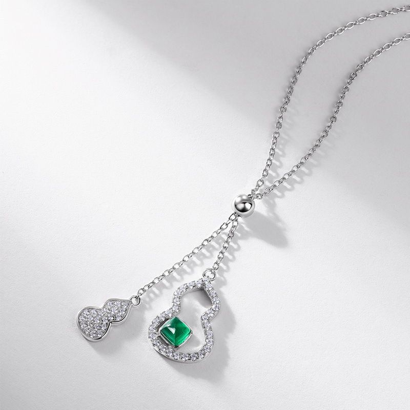Cultivated emerald gourd pendant necklace S925 silver inlaid cultivated colored gem sweater chain_ipsvogv.com