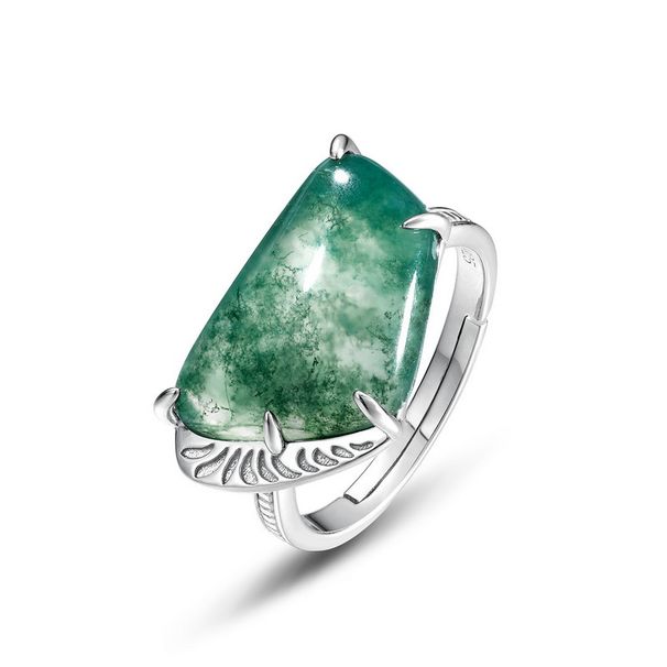 Personalized Design Green Moss Ring S925 Silver Natural Water Grass Agate Finger Ring Fashion_ipsvogv.com