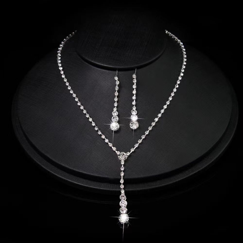 bridal jewelry fashion necklace earrings two piece set water drop diamond jewelry female set necklace simple super flash light luxury_ipsvogv.com