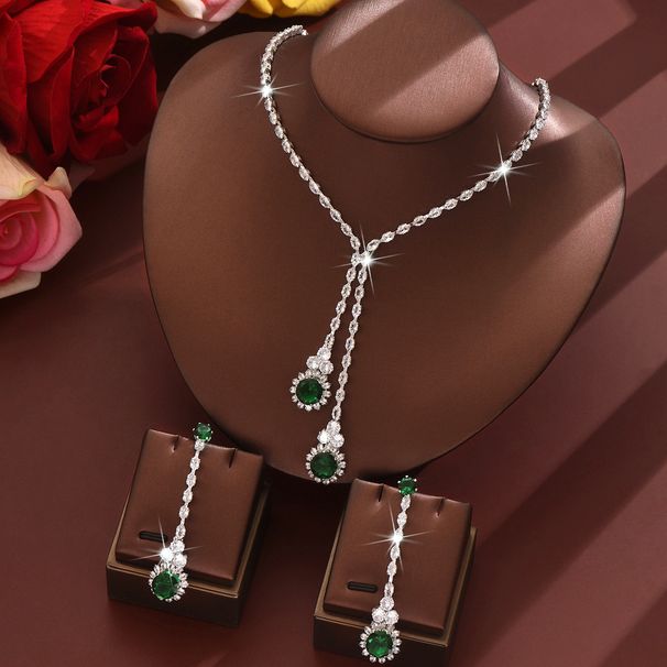 Women’s Jewelry Set Fashion Court Medieval Style Green Zircon Necklace Earrings Set Short Clavicle Chain Female Ins Dress Accessories_ipsvogv.com