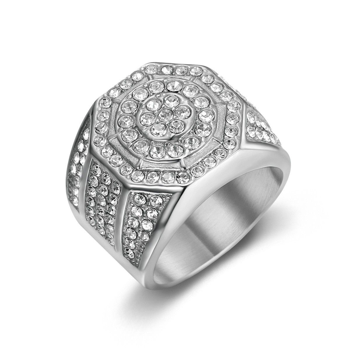 Luxurious Men's With Full Diamond Inlay Hip-Hop Steel Titanium Octagonal Ring_ipsvogv.com