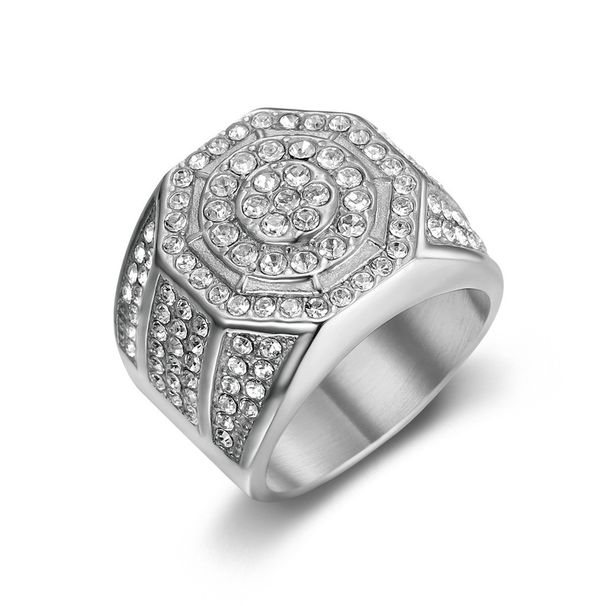 Luxurious Men's With Full Diamond Inlay Hip-Hop Steel Titanium Octagonal Ring_ipsvogv.com