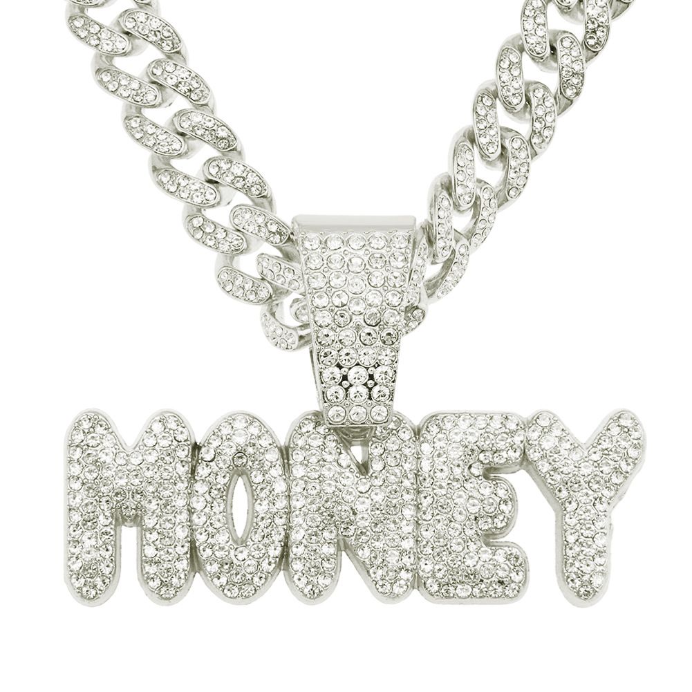 Hip hop full diamond letter pendant necklace trendy exaggerated punk personality wide Cuban bone chain jewelry_ipsvogv.com