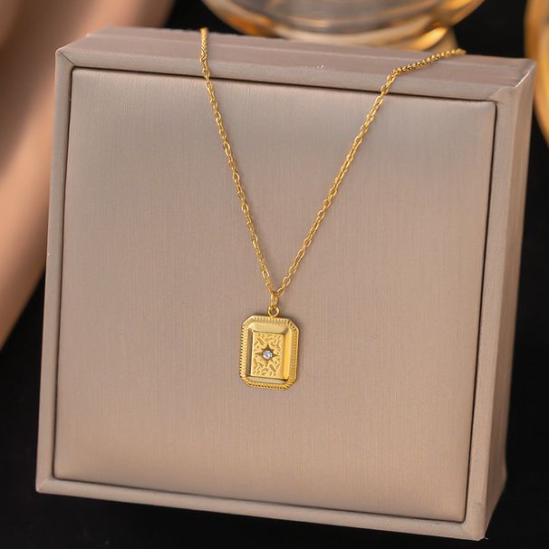 Stainless Diamond Studded Eight Pointed Star Square Pendant With Titanium Steel Vacuum Electroplated Gold Color_ipsvogv.com