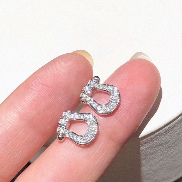 Unisex Horseshoe buckle earrings pure silver full diamond light luxury simple temperament micro inlaid earrings high end exquisite versatile_ipsvogv.com